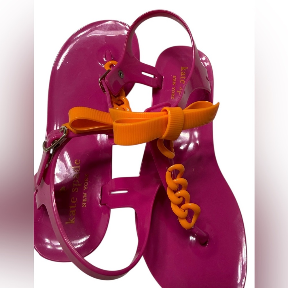 KATE SPADE NEW YORK JELLY SANDALS SIZE 5 PINK ORANGE BOW CHAIN ANKLE STRAP FLATS - Picture 5 of 10
